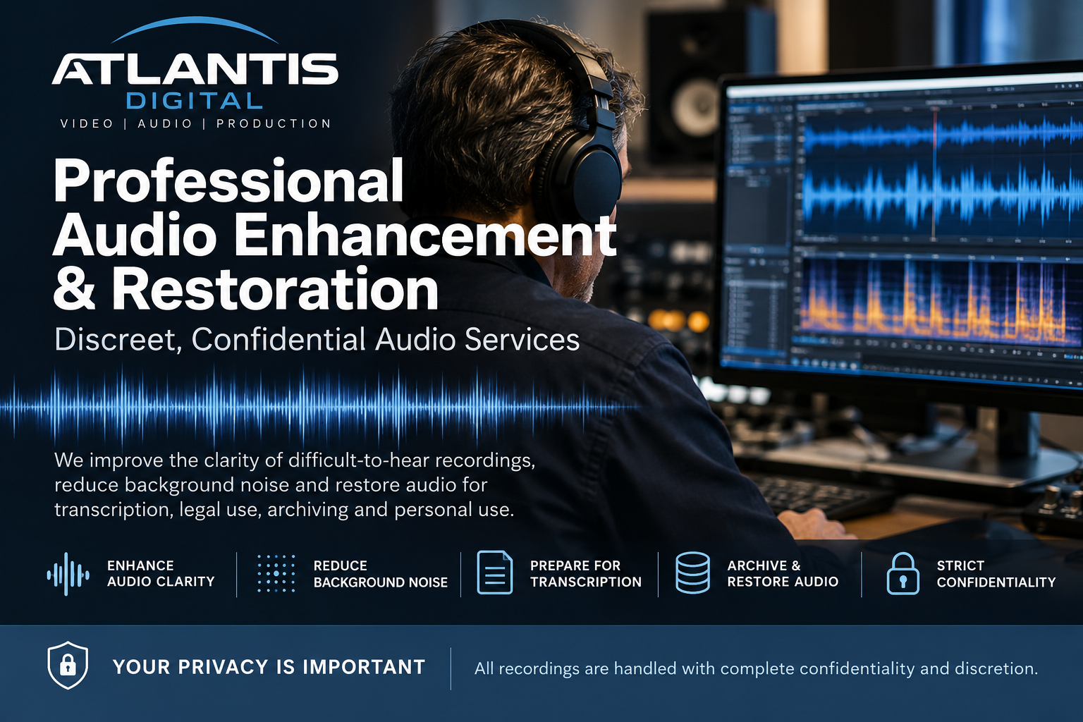 Atlantis Digital professional audio enhancement and restoration: an audio specialist at work, with services for speech clarity, noise reduction, transcription and archiving, and discreet handling of recordings.