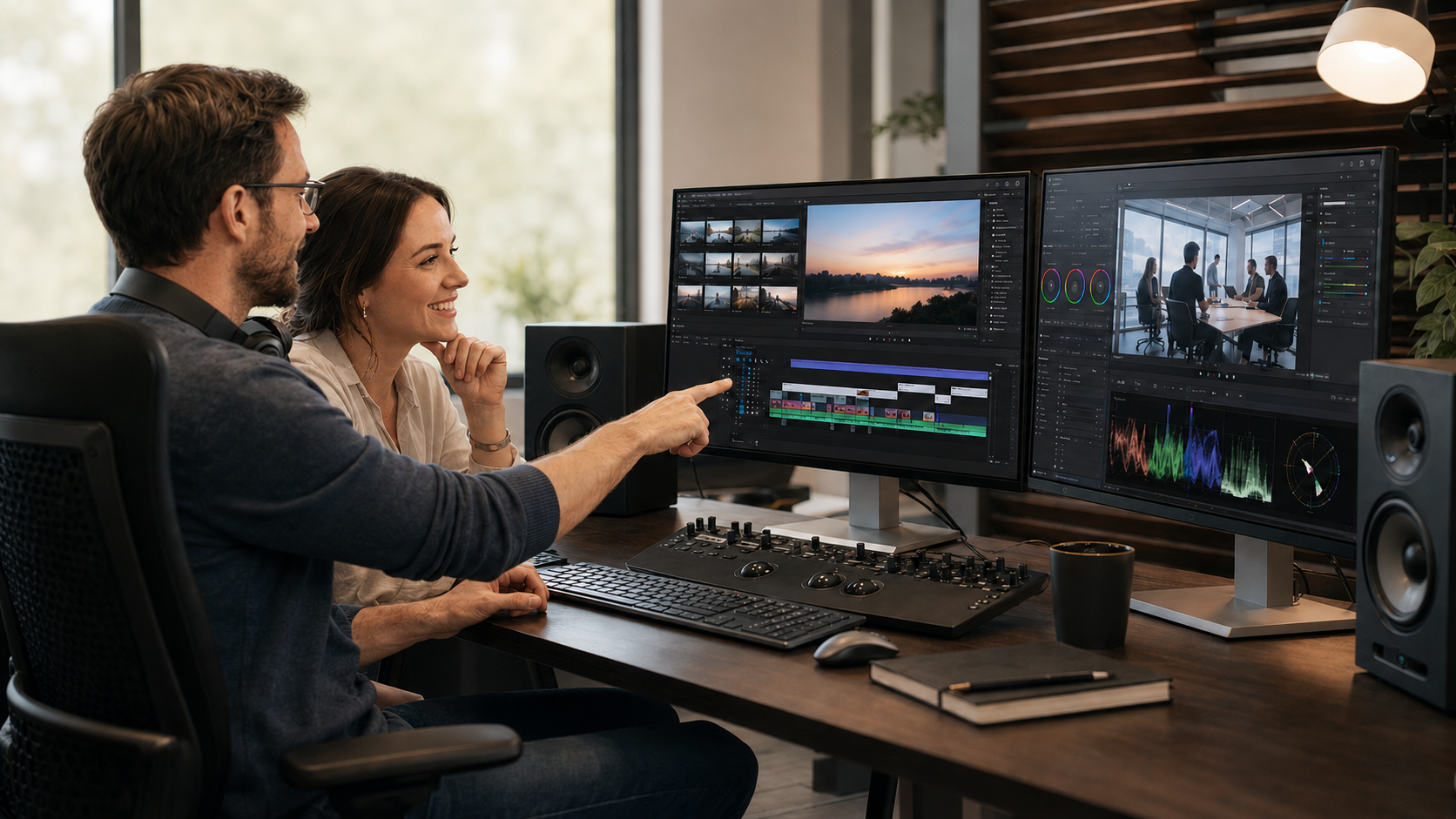 Video editor reviewing a corporate production with a client
