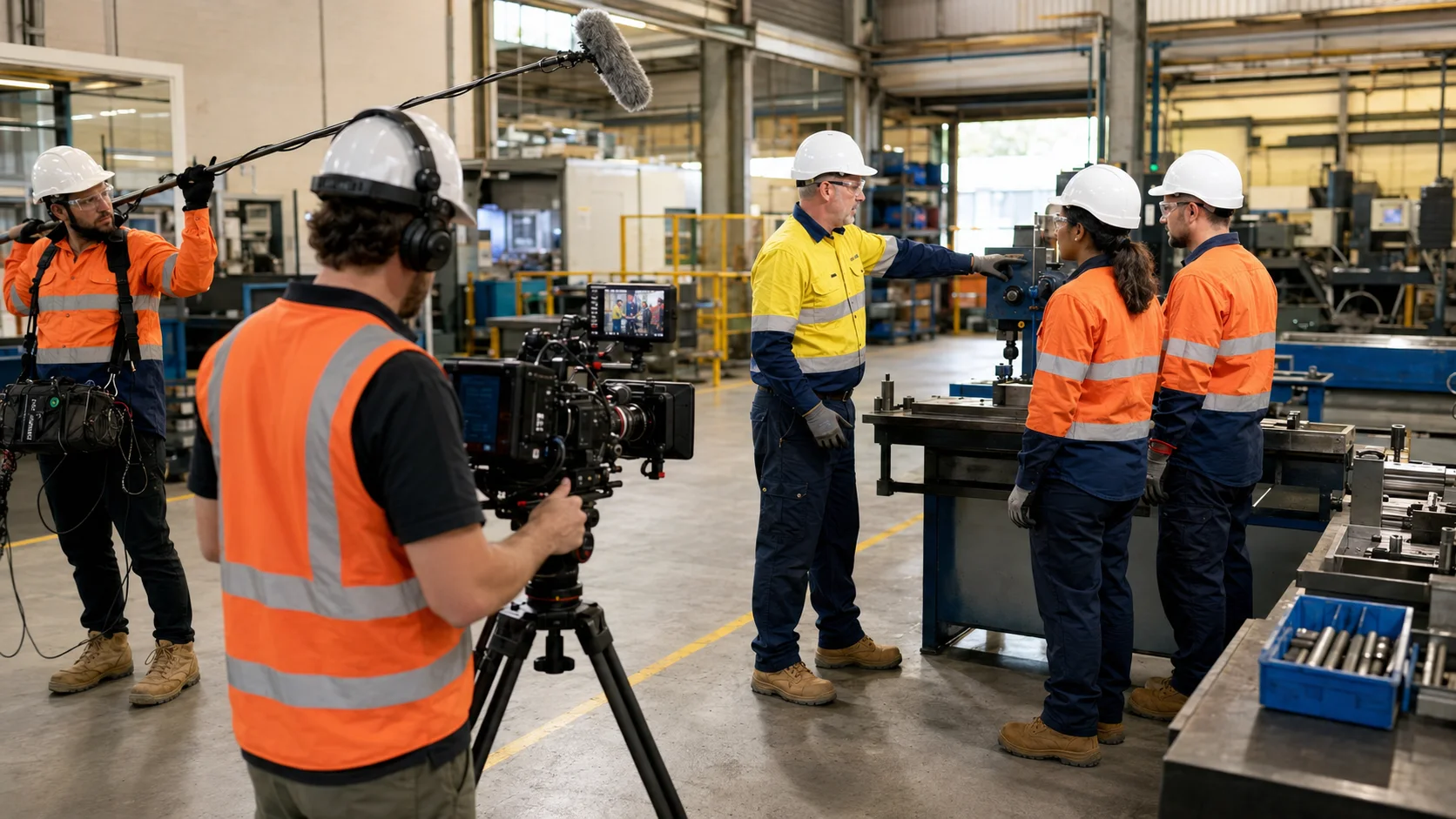 Video production crew filming on location